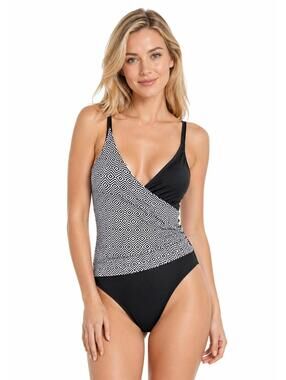 One Piece Swimsuit Women's Medium Black White Geometric Wrap Tankini Style - NEW